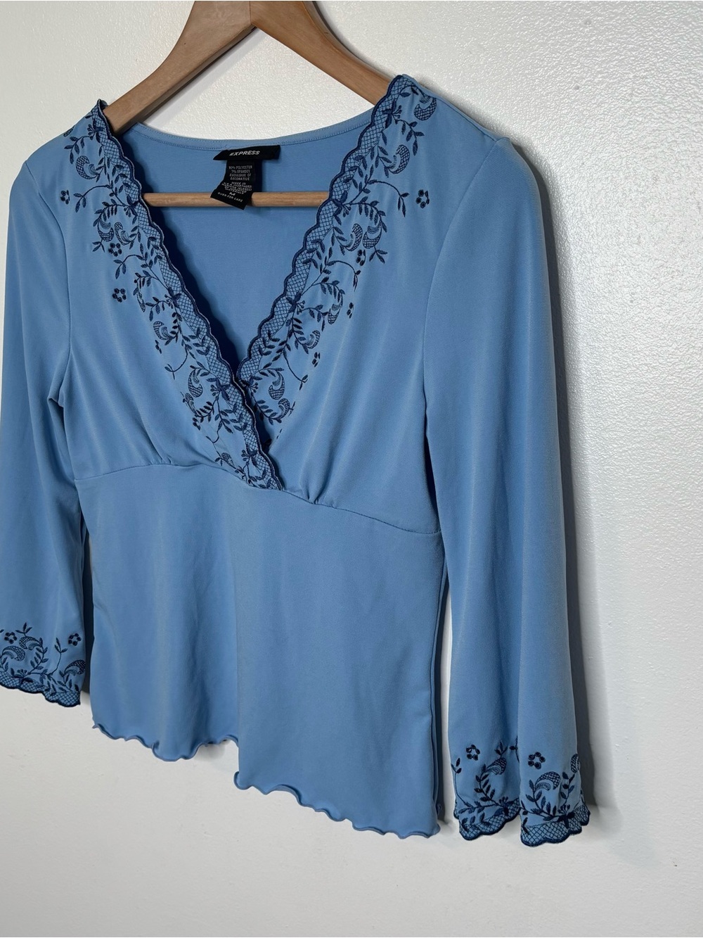 Vintage Y2K Express Blue Embroidered Babydoll Top M - Picture 9 of 11
